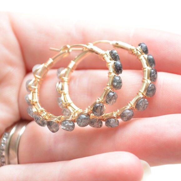 Black Rutilated Quartz Wire Wrapped Gold Hoops - Picture 5 of 11